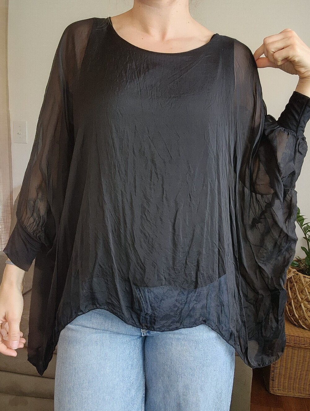 Italian Black Silk Drape Blouse One Size